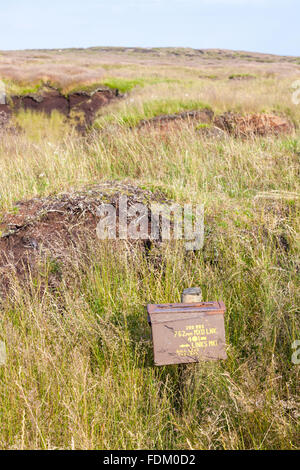 Ammunition box on moorland, Kinder Scout, Derbyshire, Peak District National Park, England, UK Stock Photo