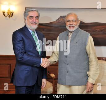 Indian Prime Minister Narendra Modi meets with Afghan leader Abdullah Abdullah in his South Block office February 1, 2016 in New Delhi, India. Stock Photo