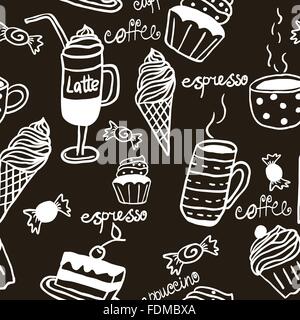 Sweet seamless pattern with drinks and sweets Stock Vector