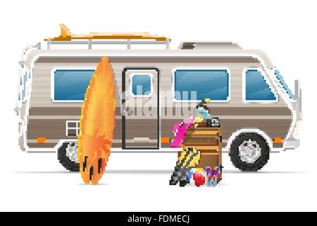 car van caravan camper mobile home with beach accessories vector illustration isolated on white background Stock Vector
