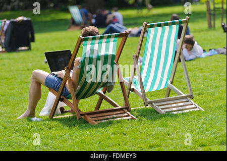A young man sitting in a deck chair in the Park and working on a laptop, London, United Kingdom. Stock Photo