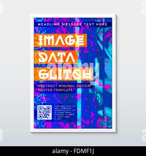 vector blue orange violet colored abstract digital glitch art design vertical flyer poster banner template white frame isolated Stock Vector