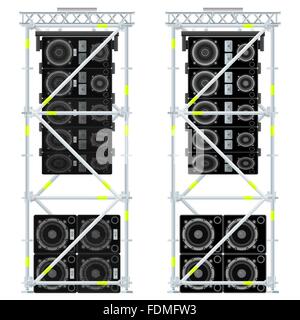 vector colored flat design event line array massive loudspeakers satellites suspended metal scaffold subwoofers isolated illustr Stock Vector