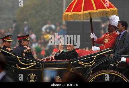 Indian President Pranab Mukherjee arrives for the annual Beating Retreat Ceremony at Vijay Chowk January 29, 2016 in New Delhi, India. Stock Photo