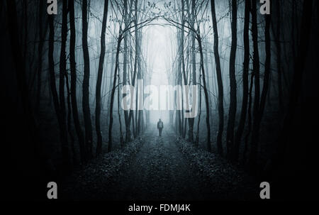 Man on road in surreal dark forest with fog on Halloween night Stock Photo