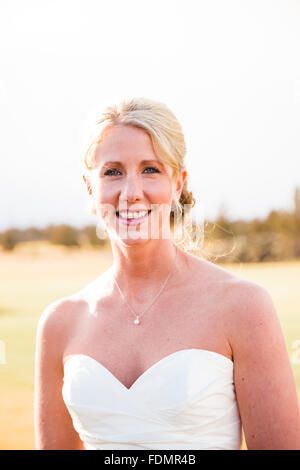Bride portrait during the bridal session at a wedding in Central Oregon. Stock Photo