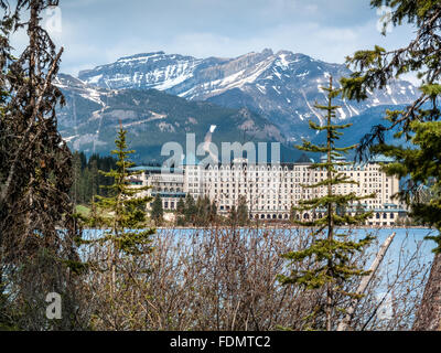 close view of Chateau Lake Louise hotel in  Banff, Alberta Canada Stock Photo