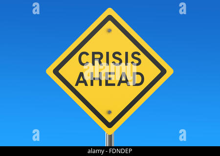 Crisis ahead road sign isolated on blue sky Stock Photo