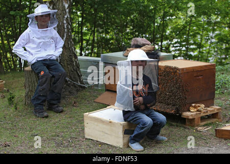 Berlin, Germany, Children with Imkerhut sitting proudly in front of hives Stock Photo