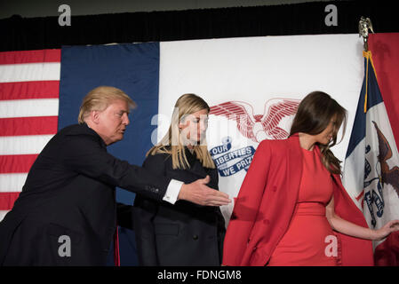 Republican presidential nominee candidate Donald Trump with his daughter Ivanka and wife Melania at a campaign rally in Iowa