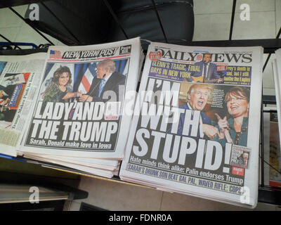 Headlines of the New York tabloid newspapers on Wednesday, January 20, 2016 report on Republican presidential candidate Donald Trump being endorsed by former Republican Vice-Presidential candidate Sarah Palin.  (© Richard B. Levine) Stock Photo