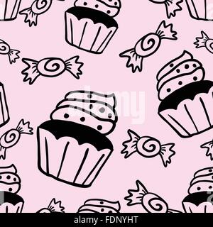 Cupcakes sweets seamless doodle vector pattern Stock Vector