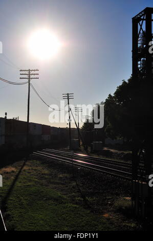 A Burlington Northern Santa Fe freight train passes through a crossing with the Union Pacific tracks in Rochelle, Illinois, USA. Stock Photo