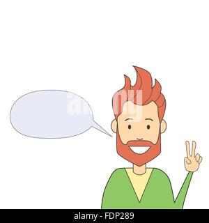 Man Hipster Hand Point Two Finger Up Peace Gesture Isolated Empty Chat Box Stock Vector
