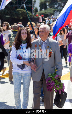 SEVASTOPOL, CRIMEA - MAY 9, 2015: Veterans at the parade in honor of the 70th anniversary of Victory Day on 9 May 2015, Sevastop Stock Photo