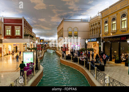 Colourful Shops and Cafes At Villaggio Shopping Mall, Doha, Qatar Stock Photo