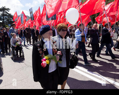 SEVASTOPOL / CRIMEA - MAY 9, 2015: Veterans at the parade in honor of the 70th anniversary of Victory Day, May 9, 2015 in Sevast Stock Photo