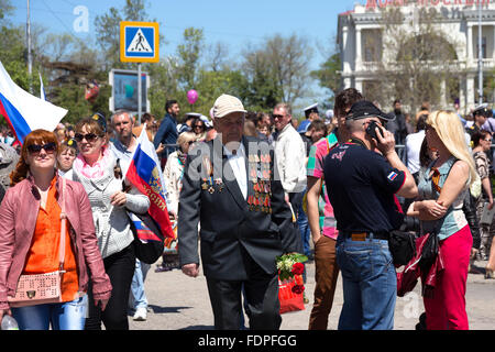 SEVASTOPOL / CRIMEA - MAY 9, 2015: Veterans at the parade in honor of the 70th anniversary of Victory Day, May 9, 2015 in Sevast Stock Photo