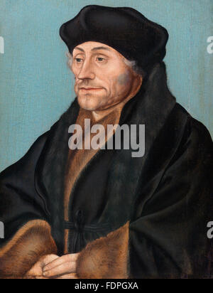 Erasmus Renaissance philosopher Desiderius Erasmus of Rotterdam, Roterodamus, portrait painting by Lucas Cranach after Hans Holbein Stock Photo