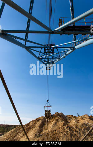 huge walking excavator bucket on blue sky background Stock Photo