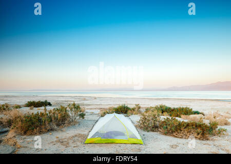 Tent camping at Salt Creek Campground on the eastern shore of the Salton Sea, California Stock Photo