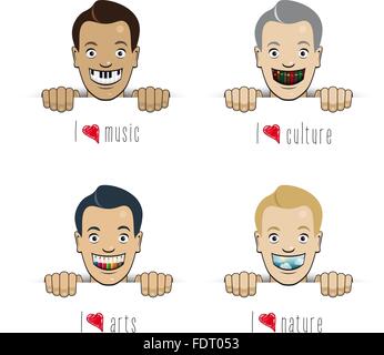 happy faces with big smile including, containing musical, arts, cultural and natural symbols or motifs Stock Vector