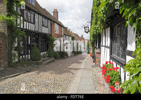 The quaint historic cobbled Mermaid Street, early on a summer morning, in the ancient Cinque Port town of Rye East Sussex England UK Stock Photo