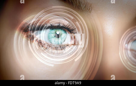 Eye viewing digital information represented by circles and signs Stock Photo