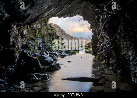 Entrance to a disused slate mine in the Moelwyns near Blaenau Ffestiniog in Gwynedd, North Wales. Stock Photo