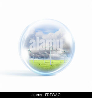 A group of wind turbines or windmills inside a glass sphere Stock Photo