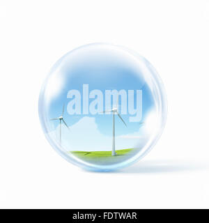 A group of wind turbines or windmills inside a glass sphere Stock Photo