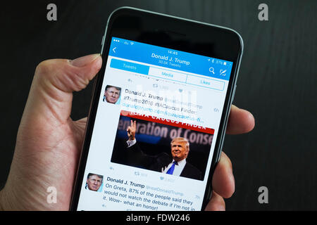 Official Twitter page of Donald Trump on iPhone 6 Plus smart phone Stock Photo