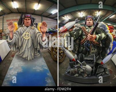 Mainz, Germany. 02nd Feb, 2016. COMBO - A composite picture made available on 02 February 2016 shows float 26 entitled 'Sanctimonious' depicting Russia's President Vladimir Putin as an angel (L) and a warmonger (R) respectively, in the float hall of the Mainz Carnival Association (MCV) in Mainz, Germany, 02 February 2016. The MCV invited journalists to a preview of this year's floats for the upcoming Shrove Monday carnival parade. Photo: FREDRIK VON ERICHSEN/dpa/Alamy Live News Stock Photo