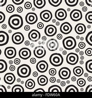 Vector Seamless Black And White Hand Painted Circular Rings Jumble Pattern Stock Vector
