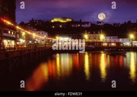 Christmas in Oban with McCaigs tower as seen from the north pier.Oban,Argyll,scotland.2008 Stock Photo