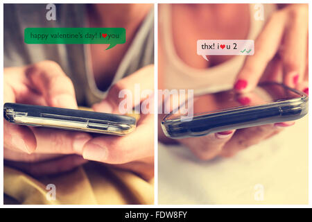 closeup of a young man and a young woman face down in bed sending text messages each other with their smartphones with the text Stock Photo