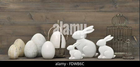 Easter bunny and eggs. Retro style easter decoration Stock Photo