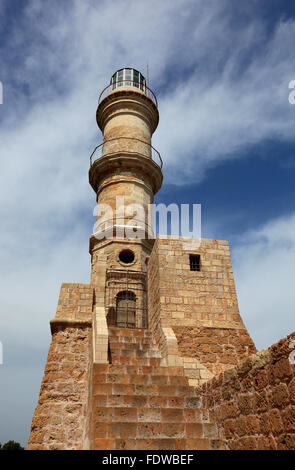 Crete, port Chania, Venetian lighthouse in the harbour Stock Photo