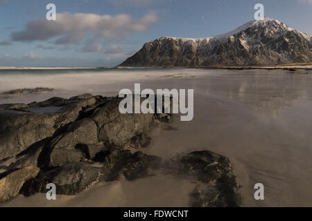 Beautiful moonlit Skagsanden beach in Flakstad Lofoten Islands, Norway Stock Photo