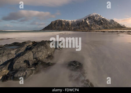 Beautiful moonlit Skagsanden beach in Flakstad Lofoten Islands, Norway Stock Photo