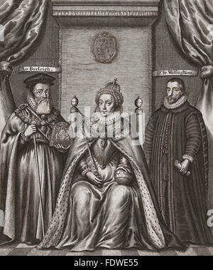 From left to right: William Cecil, 1st Baron Burghley, 1520-1598. Statesman, advisor to Queen Elizabeth I.  Queen Elizabeth I, 1568-1603.  Monarch of England and Ireland.  Sir Francis Walsingham, 1532-1590.  Principal secretary to Queen Elizabeth I.  From a 17th century line engraving. Stock Photo