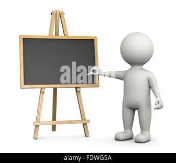 3D White Character Writing with Chalk on an Horizontal Empty Blackboard Isolated on White Background 3D Illustration Stock Photo