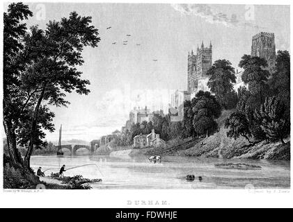 An engraving of Durham scanned at high resolution from a book printed in 1834. Believed copyright free. Stock Photo