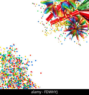Garlands, streamer, cracker, party hats and confetti. Decoration Stock Photo