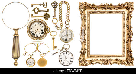 collection of golden vintage goods, jewelry and objects. Antique picture frame, keys, clock, loupe, compass, glasses isolated on Stock Photo