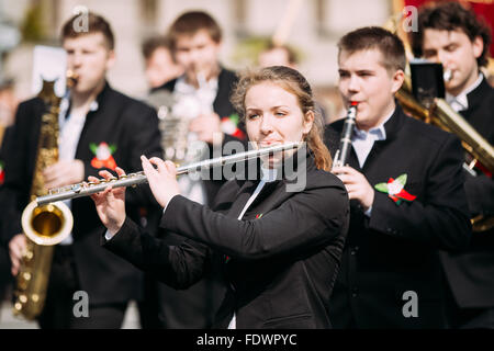 Gomel, Belarus - May 9, 2015: Orchestral musicians participating in the parade dedicated to the Victory Day - the 70th anniversa Stock Photo