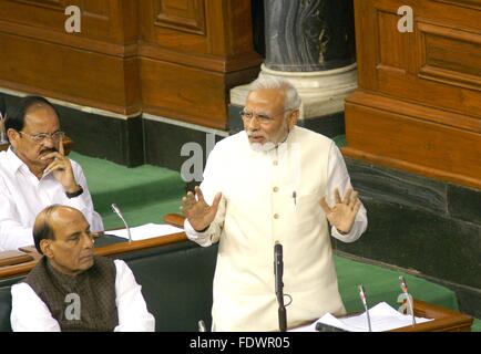 Indian Prime Minister Narendra Modi speaking in the Indian Parliament to mark Constitution Day November 27, 2015 in New Delhi, India. Stock Photo