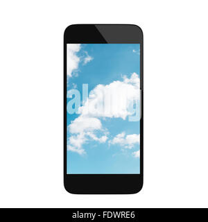Realistic render of smart phone with Cloudy Sky on the screen Stock Photo