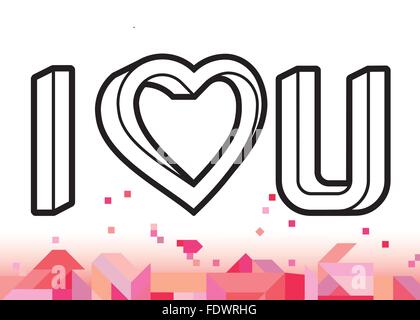 Optical illusion heart and I heart U text floating over abstract geometry Stock Vector