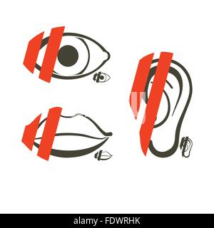 Human anatomy symbols for interdiction or unavailability or facility of sight, hearing, sound, taste applicable to devices Stock Vector